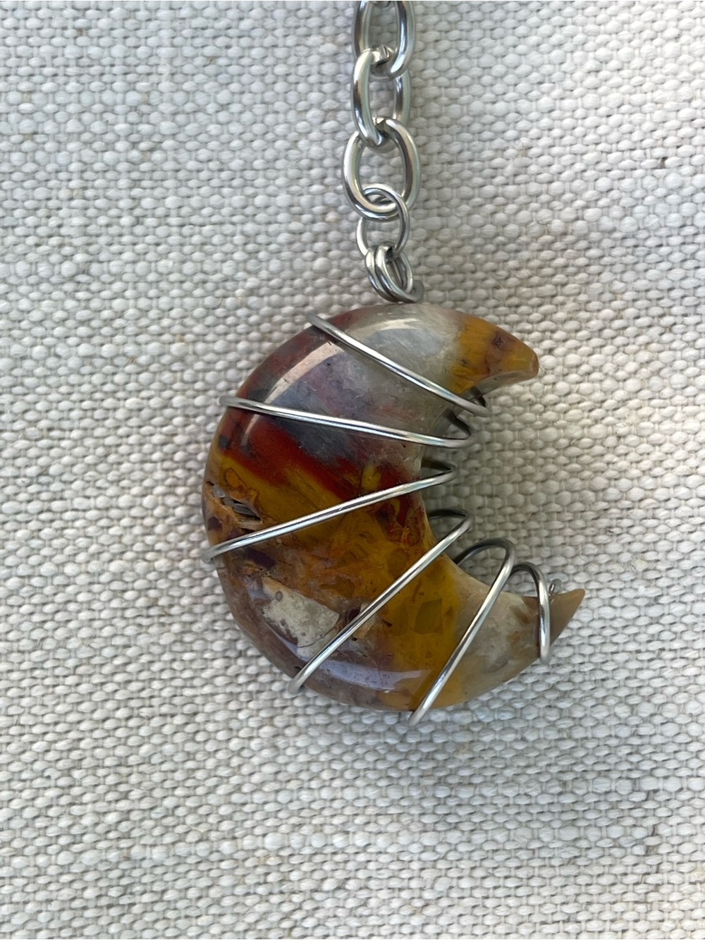 Mookaite Moon Keychain / Bag Charm Stainless Steel Silver Handmade Wire Wrap